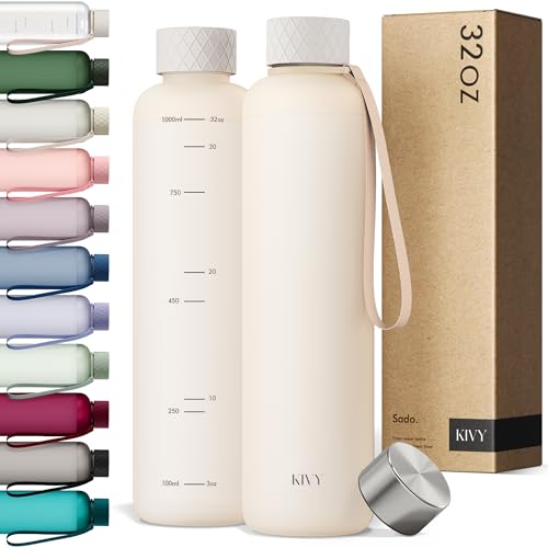 KIVY Slim Water Bottle 32oz [Lightweight & Shatterproof] Fits Backpack & Cupholder for Travel, Sports, School - Beige water bottle no straw - Cute aesthetic water bottles screw top - Dishwasher Safe