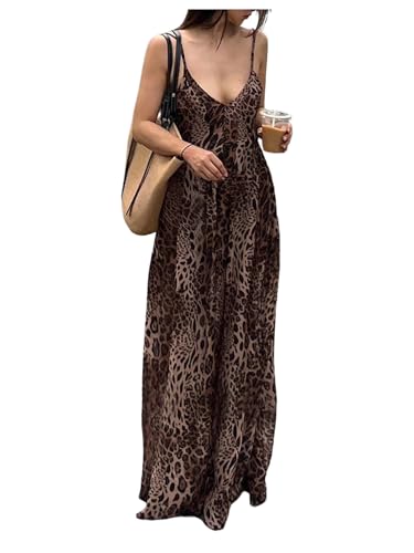 SOLY HUX Women's Leopard Print Maxi Dress Sleeveless V Neck Sundresses Vintage Flowy Cami Dresses Brown Leopard Large