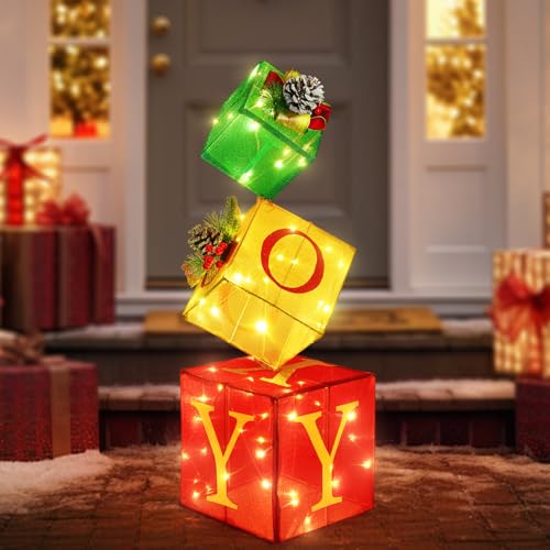 COVFEVER Christmas Joy Lighted Gift Boxes Decorations Set of 3, 2.6Ft Stackable Christmas Nesting Boxes Battery Operated for Home and Party Decoration