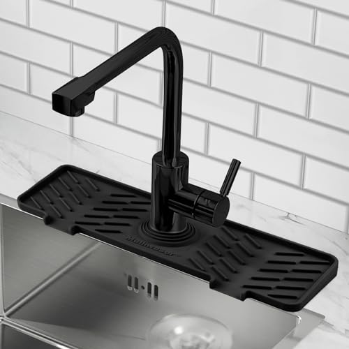 Meiliweser Silicone Faucet Splash Guard Gen 3-10° Large Slope & Adaptable Hole Faucet Handle Drip Catcher Tray - 14” x 5.5” Kitchen Sink Accessories for Kitchen, Bathroom(Black)