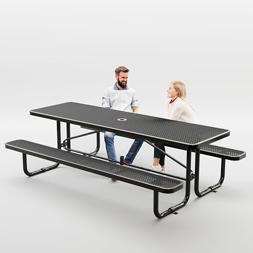 OUTTANS Metal Picnic Furniture for Outdoors with Umbrella Hole - Coated Steel Heavy Duty Commercial Grade Table with Adjustable Seats, Patio Set for a Lifetime (Black, 8' Rectangular)