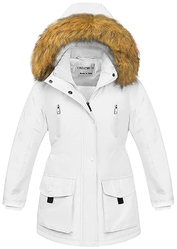 CREATMO US Girl's Sherpa Warm Snow Parka Lightweight Waterproof Winter Outerwear Durable Trendy Teenage Puffer Jacket White 14-16