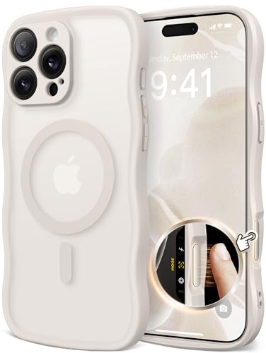 CAPRARO for iPhone 16 Pro Max Case for Women Girls, Upgraded [Full Camera Protection] [Compatible with MagSafe] Cute Wave Translucent Matte Phone Case for iPhone 16 Pro Max, Stone