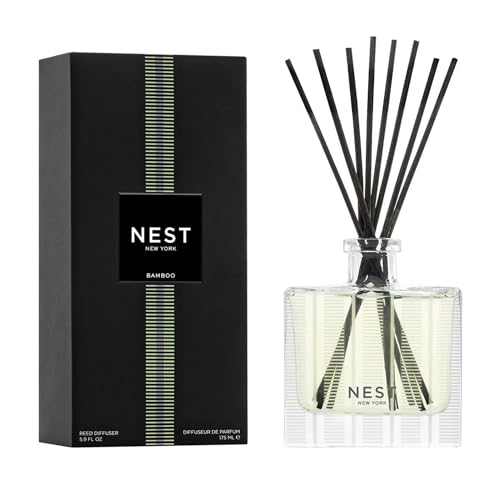 NEST New York Reed Diffuser, Bamboo - 5.9 fl oz - Fragrance for Up to 90 Days - Reusable, Refillable Glass Holder - Includes 8 All-Natural Reed Sticks - Flame Free