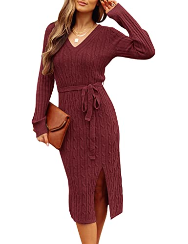 MEROKEETY Women's Long Sleeve V Neck Cable Knit Belted Bodycon Slit Sweater Dress for Party,Burgundy,XL