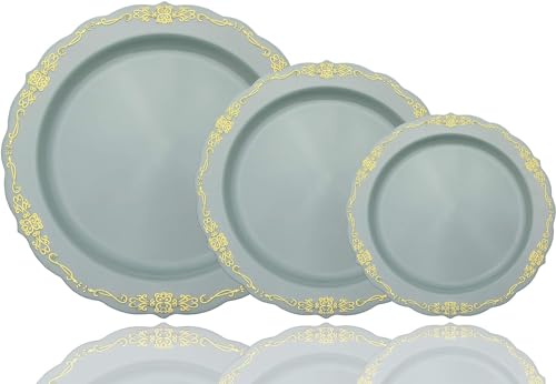 Exquisite 60 Pcs Disposable Plastic Bowls | Victorian Design Premium Disposable Bowls | 5 oz. Bowl Robin Blue & Gold China Like Plastic Bowls For Parties & Weddings