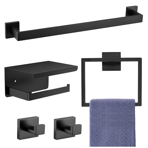 5-Pieces Matte Black Bathroom Accessories Set, Bathroom Hardware Set, SUS 304 Stainless Steel,16 Inch Towel Bar, Towel Holder, Updated Toilet Paper Holder Wall Mounted
