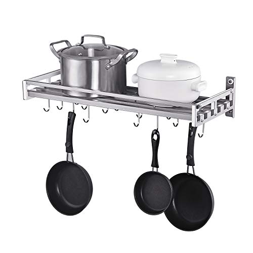 istBoom Wall Mounted Pot Holder Pan Organizer with 16 Hooks, Stainless Steel Kitchen Wall Pots and Pans Rack, Heavy Duty, Modern Slat Design (24'' by 9 1/2")
