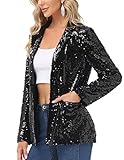 Women's Plus Size Sequin Jacket Long Sleeve Sparkly Blazer Coat Open Front Loose Outwear with Pockets Black XXL