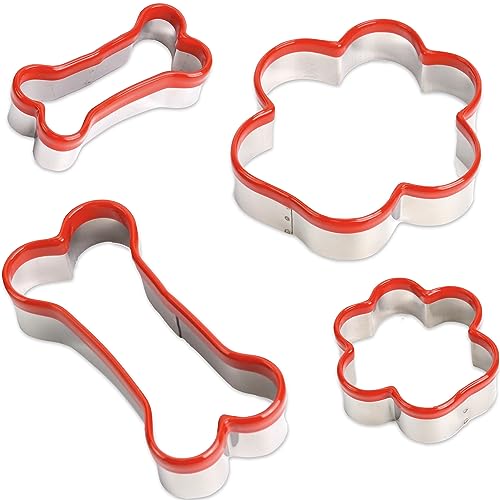 4 Pcs Dog Bone & Paw Cookie Cutters - Dog Treats Cutter Set, Soft PVC Coated