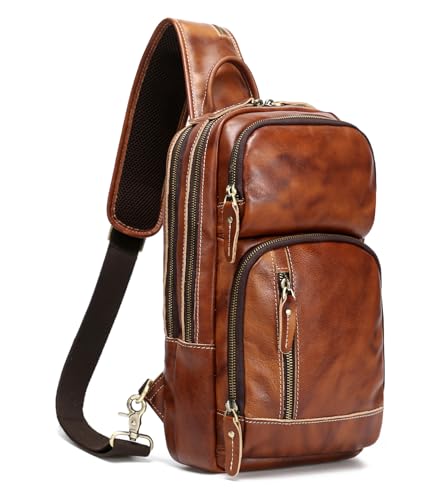 LANNSYNE Vintage Genuine Leather Sling Bag For Men, Crossbody Chest Daypack fits 10.5" iPad