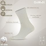 GoWith 4 Pairs Unisex Natural 97% Cotton Crew Socks, Comfy Cozy Breathable Seamless Casual Socks for Men & Women, Ecru, Large, Model 3013