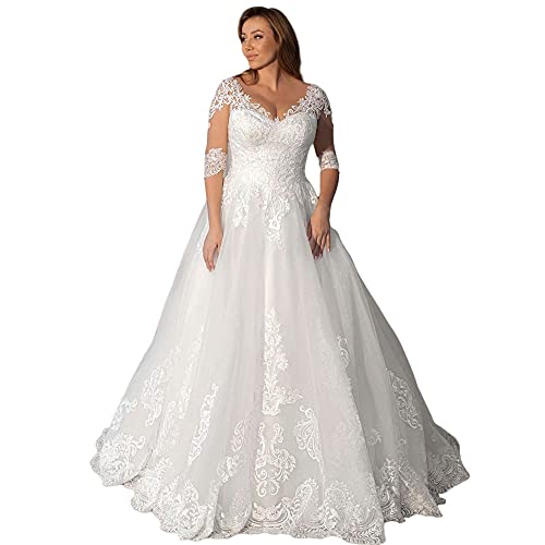 XYAYE V Neck Lace Wedding Dresses for Bride 2021 with 3/4 Sleeves Plus Size Modest Bridal Gowns with Sweep Train for Women Style2 Ivory 24 Plus Size