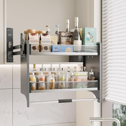 DPZM 22~24'' Pull Down Shelf for Kitchen Upper Cabinet, Heavy Duty Cabinet Organizer, 2 Tier Kitchen Cabinet Pull Down Shelf Large Storage Space, Grey