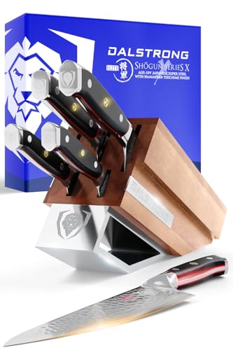 DALSTRONG Knife Block Set-5pc-Shogun Series ELITE-High-Carbon Japanese Steel-Black G10 Handles-Acacia Wood- Damascus-Kitchen Knife Set with Block-Professional Cutlery Set-Men's Valentines Gift