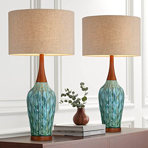 360 Lighting Rocco Mid Century Modern Table Lamps 30" Tall Set of 2 Blue Teal Glaze Ceramic Cherry Wood Tan Fabric Drum Shade for Bedroom Living Room Bedside Nightstand House Home Office