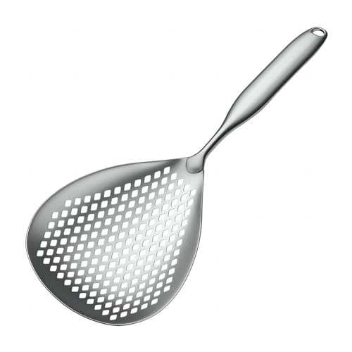 GREATLINK Large Stainless Steel Strainer with Comfort Handle and Hanging Holes,Food Grade Filter Spoon Solid Stainless Steel Strainer Skimmer Ladle for Kitchen Cooking Frying Pasta Strainer Spoon