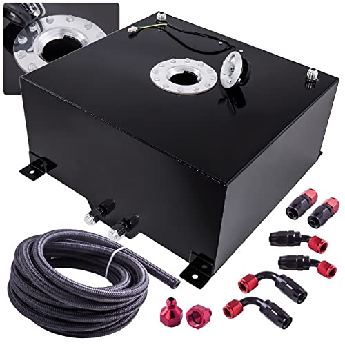 AJP Distributors 50 Liters / 13 Gallons Black Aluminum Fuel Cell Tank w/Chrome Cap + Black Braided Nylon Oil Feed Line w/Red 10AN Swivel Fittings Universal Upgrade Replacement