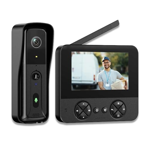 Doorbell Camera Wireless with Screen Monitor No Subscription, Door Bell Camera NO WiFi and APP, Video Intercom Two-Way Audio,PIR Motion Detection, Timbre con Camara para Puerta Inalambrico (Black)