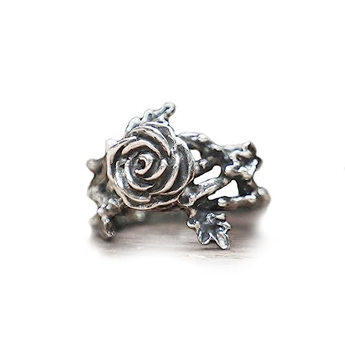 Rose leaf Vine Ring unisex sterling silver 925 twig flower boho gothic thorns (7.5)