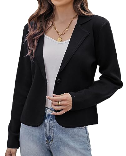 Women Short Sweater Blazer Business Casual Long Sleeve Classic Blazer Jacket with Button Black XL