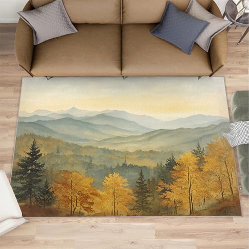 Mountains Rugs for Living Room, 4x5 Rug, Yellow Sky Rug - Home Decor, Forest Area Rug, Autumn Rugs for Bedroom, Natural Panorama Carpet, Fashion Mat