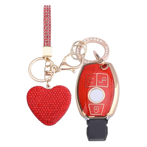 Vicoca for Mercedes Benz Key fob Cover with Diamond Heart Keychain, Car Accessories TPU for AMG C E M S CLS CLA GLK GLA GLC GLE Smart Key Case, Gold Red