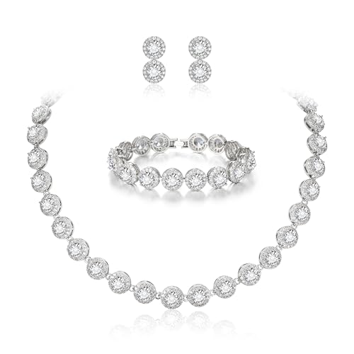 EVER FAITH Round Cut Cubic Zirconia Tennis Luxury Necklace Bracelet Earrings Set Clear Silver-Tone