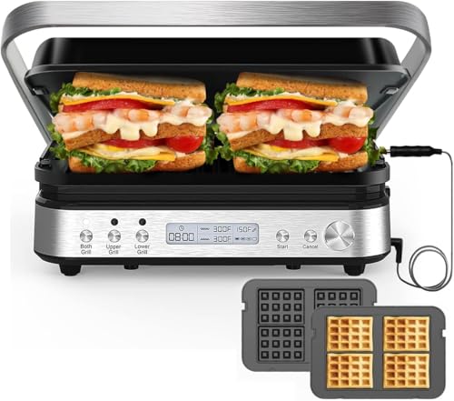Panini Press Grill Sandwich Maker with Removable Plates, Cattleman Cuisine 6 in 1 Indoor Grill with Meat Thermometer, Electric Contact Grills for Kitchen, Stainless Steel, 1600W