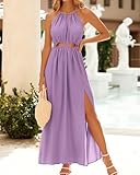 BTFBM Women Halter Summer Dresses 2025 Sleeveless Cutout Backless Slit Boho Party Cocktail Casual Maxi Beach Sun Dress(Solid Purple, Small)