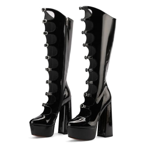 FancyQueen Gothic Boots for Women Knee High Chunky Platform Boots Black Lolita Buckle Block Heels Punk Combat Mid Calf Shoes