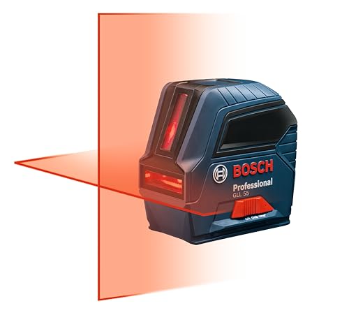 BOSCH GLL 55 50 FT Self-Leveling Cross-Line Laser, Includes 3 AA Batteries, Magnetic Mounting Bracket, Laser Target Plate, & Hard Carrying Case