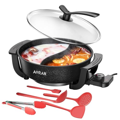AORAN 6L Electric Hot Pot, Non-Stick Smokeless Cooking Pot with Divider for Hot Pot, Fondue, Shabu Shabu, Multi-Function, Includes Ladle, Tongs, Oil Brush, Food Tongs, Easy to Clean Black