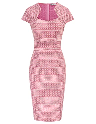 Women Retro Vintage Cap Sleeve Pink Dress Midi Tweed Pencil Dress for Wedding