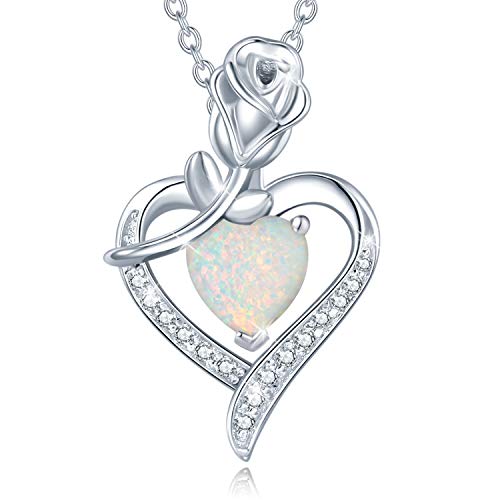 AGVANA October Birthstone Jewelry Opal Necklace for Women Sterling Silver Rose Flower Heart Pendant Necklace Fine Jewelry Anniversary Birthday Gifts for Women Mom Wife Lady Her