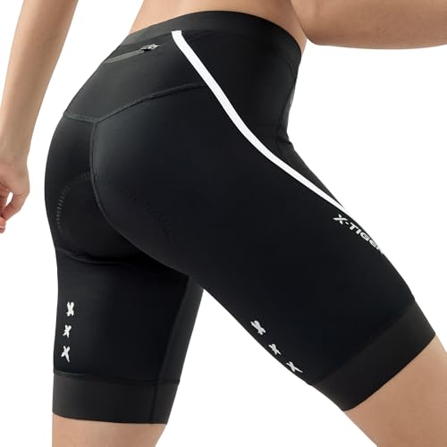 X-TIGER Padded Bike Shorts Women Cycling Shorts Padding Riding Biking Shorts Zipper Pockets Black