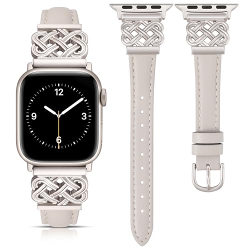 TOYOUTHS Leather Band Compatible with Apple Watch Bands Women 38/40/41/42mm Dressy Slim Thin Leather Strap with Designer Interlock Buckle Bracelet for iWatch Series 10/9/SE/8/7/6/5/4/3/2/1, Starlight