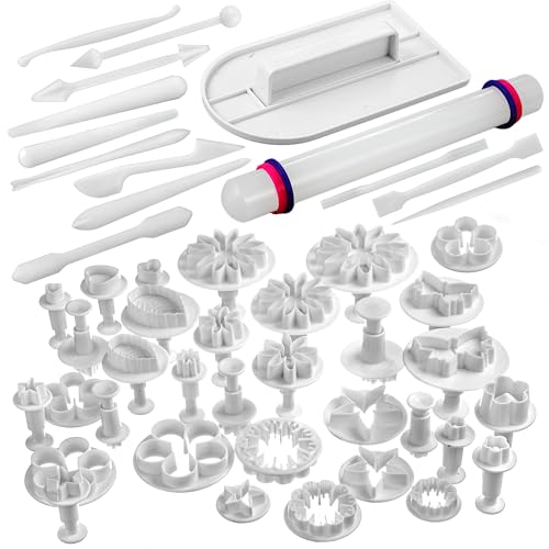 Bakerpan Fondant Tools Set, 47 Pcs Fondant Cake Decorating Supplies, Rolling Pin for Fondant, Gumpaste, Sugar Paste, Fondant Roller, Smoother, Fondant Cutters