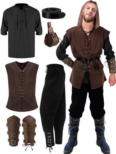 Suhine 6 Pcs Men's Halloween Renaissance Costume Set Medieval Vest Shirt Ankle Banded Pants Viking Belt Armband Pouch (Elegant Color,XX-Large)
