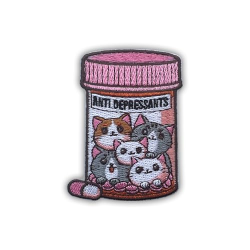 LEMEPINZ Anti-Depressant Patch, Size 3" Cute Cat Iron Patch or Sew On Patches for Backpacks Jeans Hats Clothes, Embroidery Patch, Embroidered Patch, Mental Health Sticker Patches, Gift for Cat Lovers