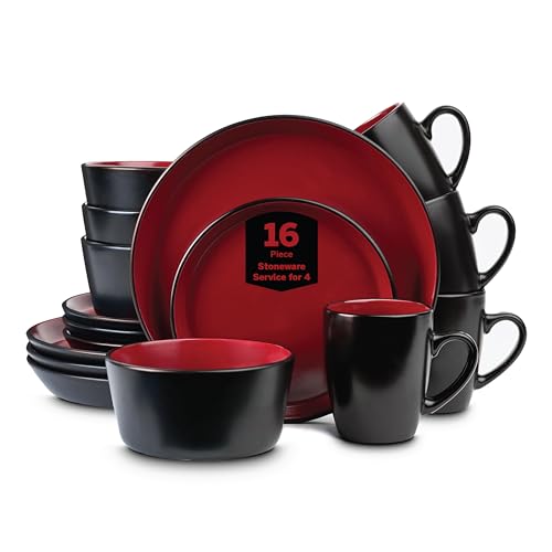 Stone Lain Albie Stoneware 16 Piece Dinnerware Set, Plates and Bowls Sets, Dish Set for 4, Red and Black, Microwave & Dishwasher Safe