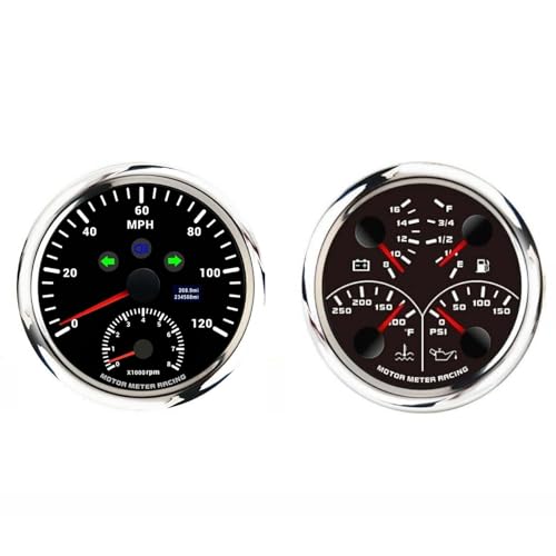 MOTOR METER RACING W PRO Series 2 Gauge Set 110mm 4-3/8" 2 in 1 GPS Speedometer & Tachometer, Multi-Function Volt, Fuel Level, Water Temperature & Oil Pressure Black Dial White LED for Car, Boat