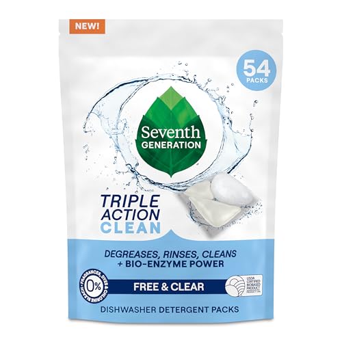 Seventh Generation Triple Action Clean Automatic Dishwasher Detergent Packs with Bio-Enzyme Power, Free & Clear, Fights 48-hour Stuck-on Food, 54 count