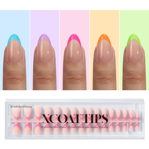 BTArtboxnails XCOATTIPS French Gel Nails - French Tip Press on Nails, Short Almond Nail Tips, Brighter Pastel Soft Gel Nails False Nail, Soak Off Acrylic Fake Nails Art Valentines Day Gift