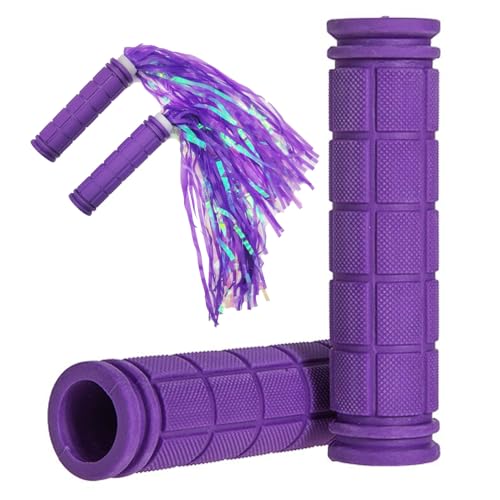 Non-Slip Bicycle Handlebar Grips with Tassel Streamers for Girls, Boys & Kids - Purple & Streamers, Compatible with Mountain Bike, Scooters, Road Bike, BMX, MTB