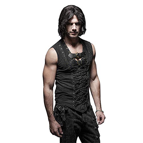 Punk Rave Rock Mens Dress Vest Leather Belt Cotton Casual Tank Tops Cross Strap Black Vest (XL)