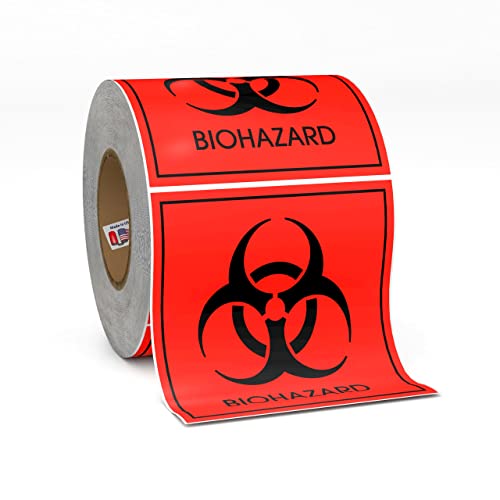 Biohazard Warning Labels 4" X 4" Inch, Fluorescent Red-Orange Hazardous Stickers 250 Labels Per Roll for Medical and Industrial Use and More - Made in The USA by Kenco (1)