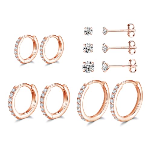 Rose Gold Hoop Earrings Sterling Silver Stud Earrings for Women 6 Pairs Hypoallergenic Tiny Cubic Zirconia Stud Set Cartilage Earring Hoops 8mm 10mm 12mm