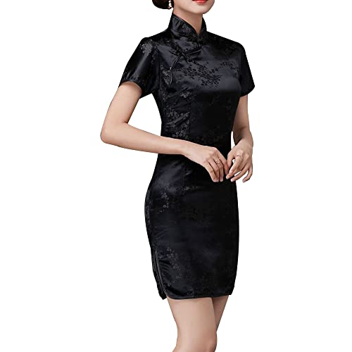 Cheongsam Dress for Women Qipao Slim Fit Short Sleeve Bodycon Mandarin Collar Side Slit Chinese Floral Print Dragon Dress (as1, Alpha, s, Regular, Regular, Black Flower)