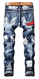 Enrica Men's Casual Straight Slim Paint Printed Jeans with Patches, Blue896, 38